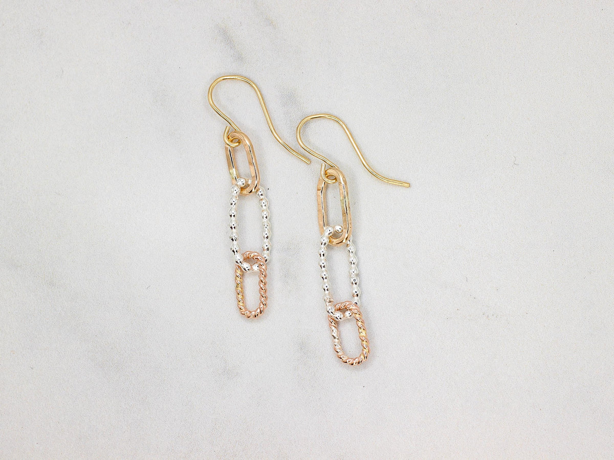 Mixed Metal Dangle Earrings • Sterling Silver, Gold & Rose Gold Filled