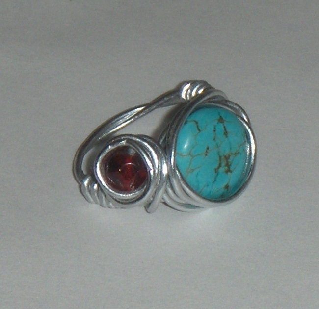Turquoise and red bead wire wrapped ring - Turquoise and Silver Ring