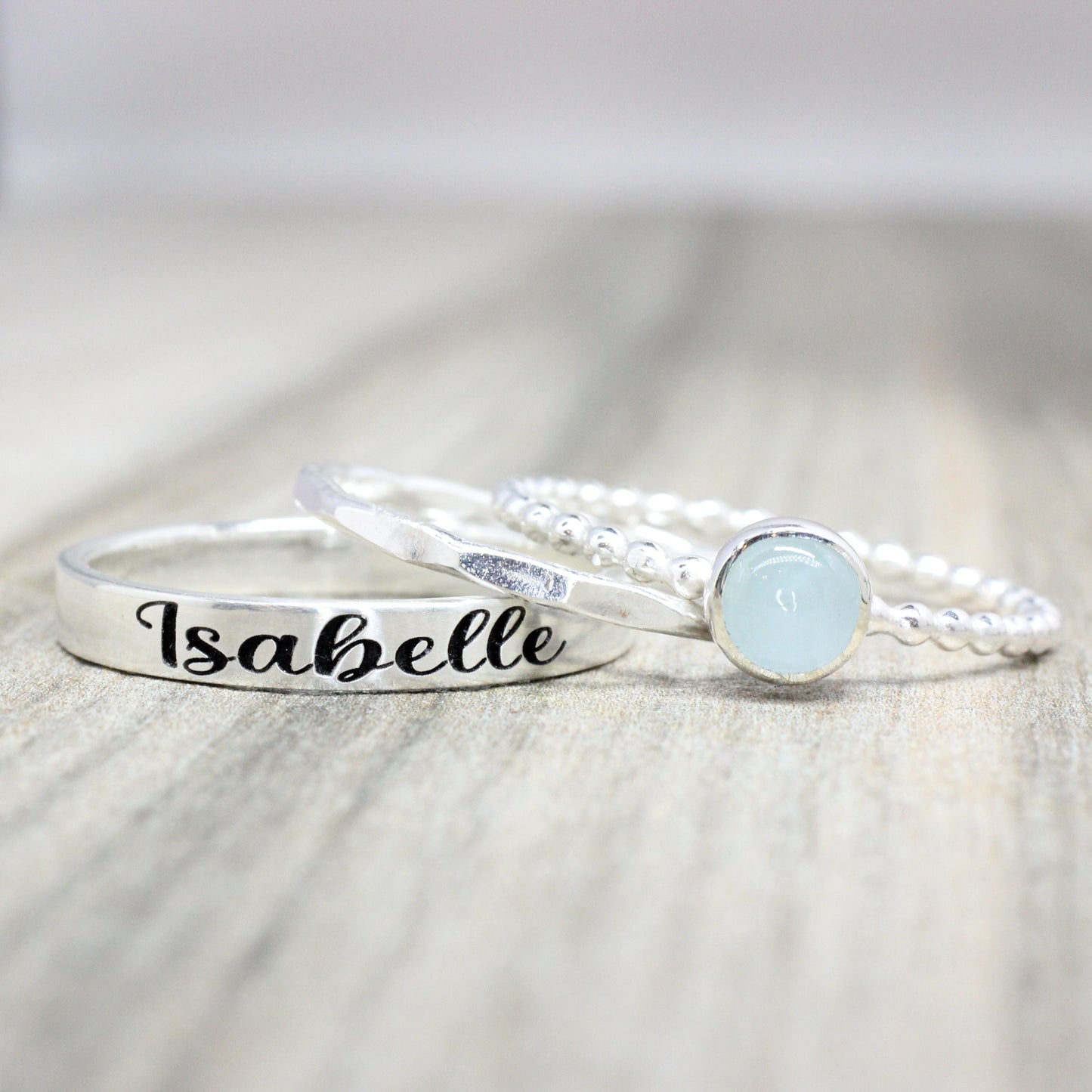 Birthstone Name Ring Set -  Sterling Silver Gemstone Ring Set - Set of 3 Gemstone and Engraved Ring Aquamarine Gift for Mom // Mother's Day 4