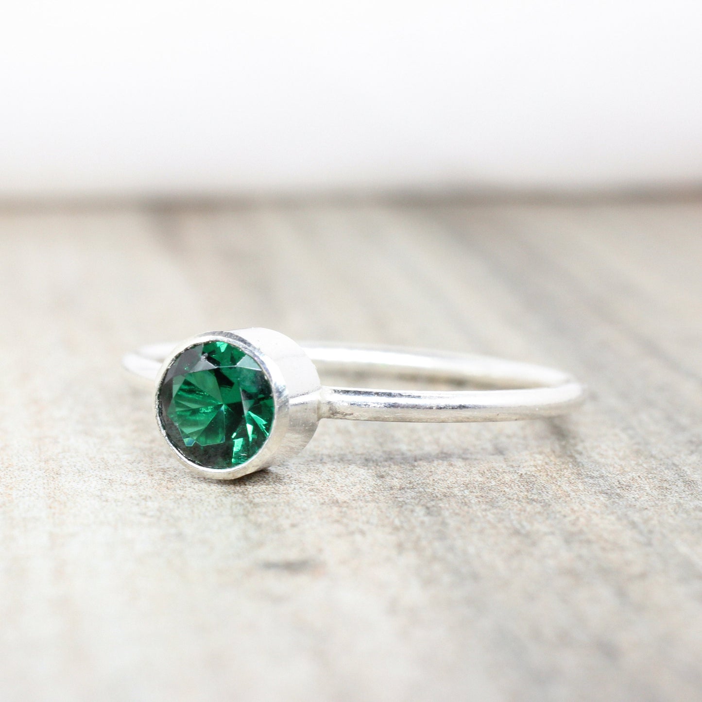 Lab Emerald Stacking Ring in Sterling Silver// 5mm Faceted Gemstone May Birthstone