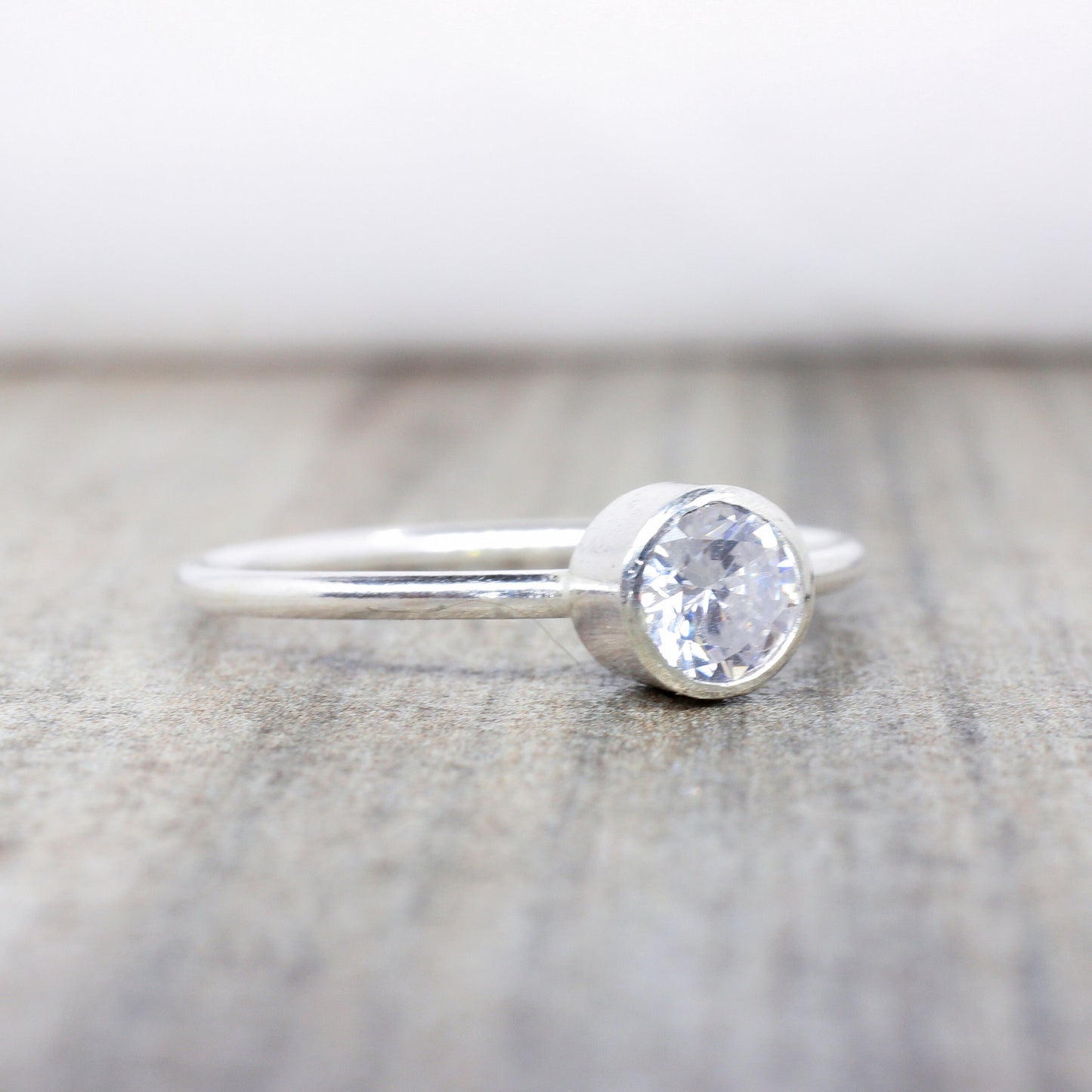 Genuine White Topaz Stacking Ring in Sterling Silver// 5mm Faceted Gemstone April Birthstone