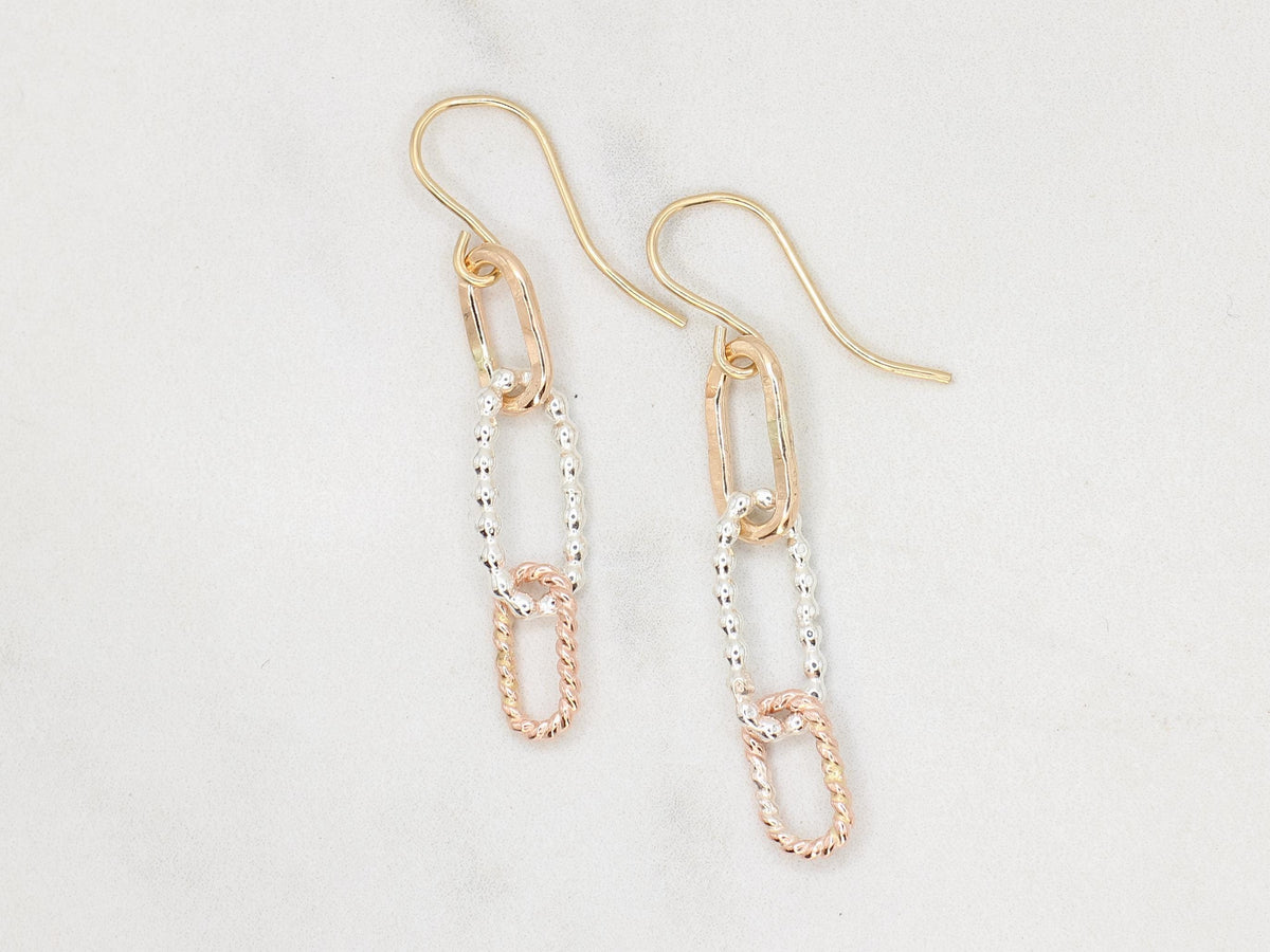 Mixed Metal Dangle Earrings • Sterling Silver, Gold & Rose Gold Filled