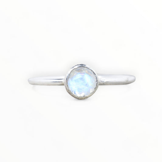Sterling Silver Moonstone Stacking Ring // 5mm Faceted Gemstone June Birthstone Stackable Ring // Genuine Rainbow Moonstone