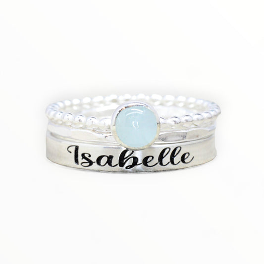 Birthstone Name Ring Set -  Sterling Silver Gemstone Ring Set - Set of 3 Gemstone and Engraved Ring Aquamarine Gift for Mom // Mother's Day 4