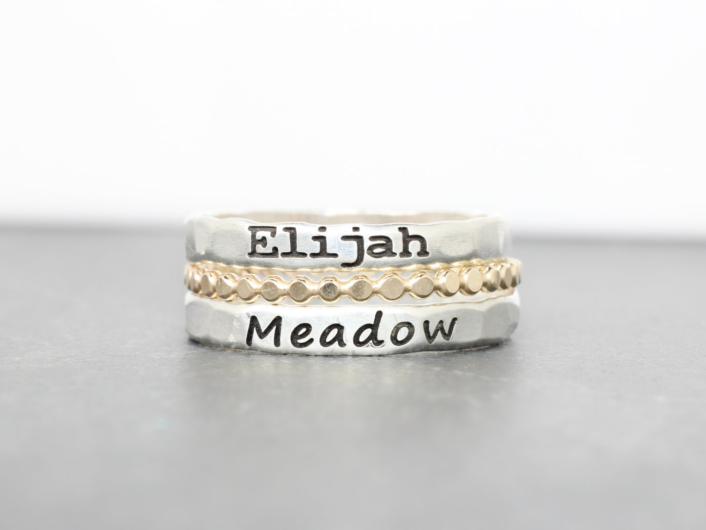 Sterling Silver Name Ring Set of 3 // 2 Name Rings and a Dot Spacer Ring
