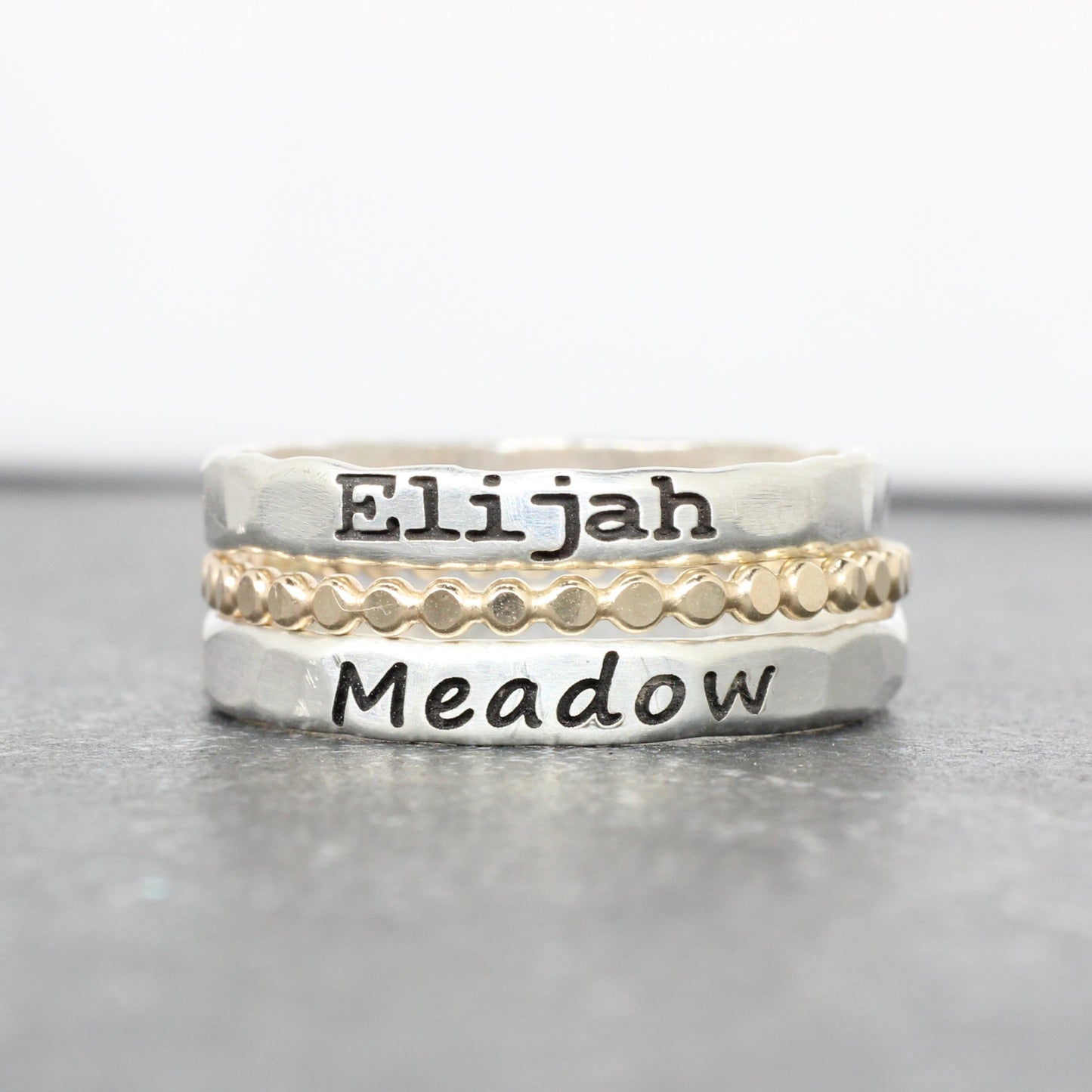 Sterling Silver Name Ring Set of 3 // 2 Name Rings and a Dot Spacer Ring