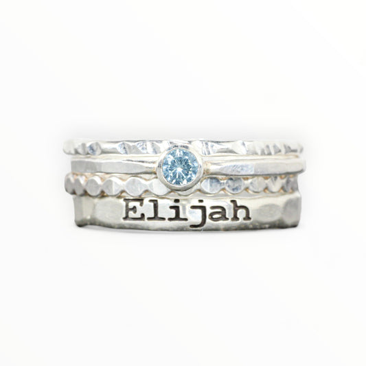 Personalized Name Ring Set in Sterling Silver with a 3mm Birthstone // Set of 4 stacking rings