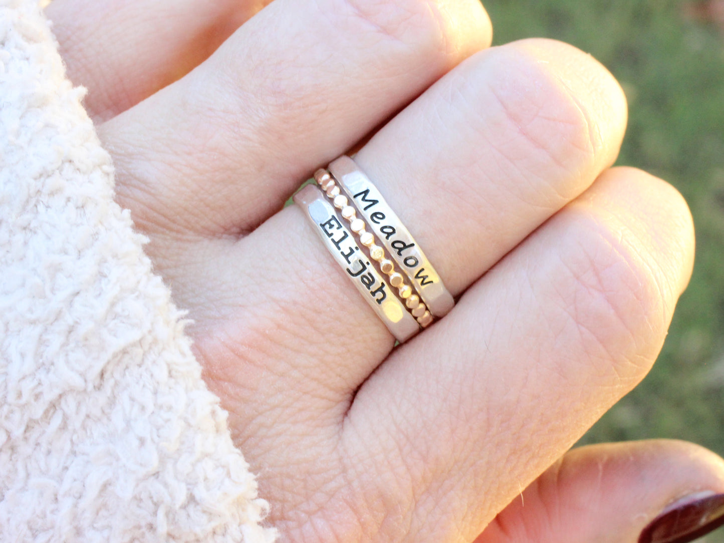 Sterling Silver Name Ring Set of 3 // 2 Name Rings and a Dot Spacer Ring