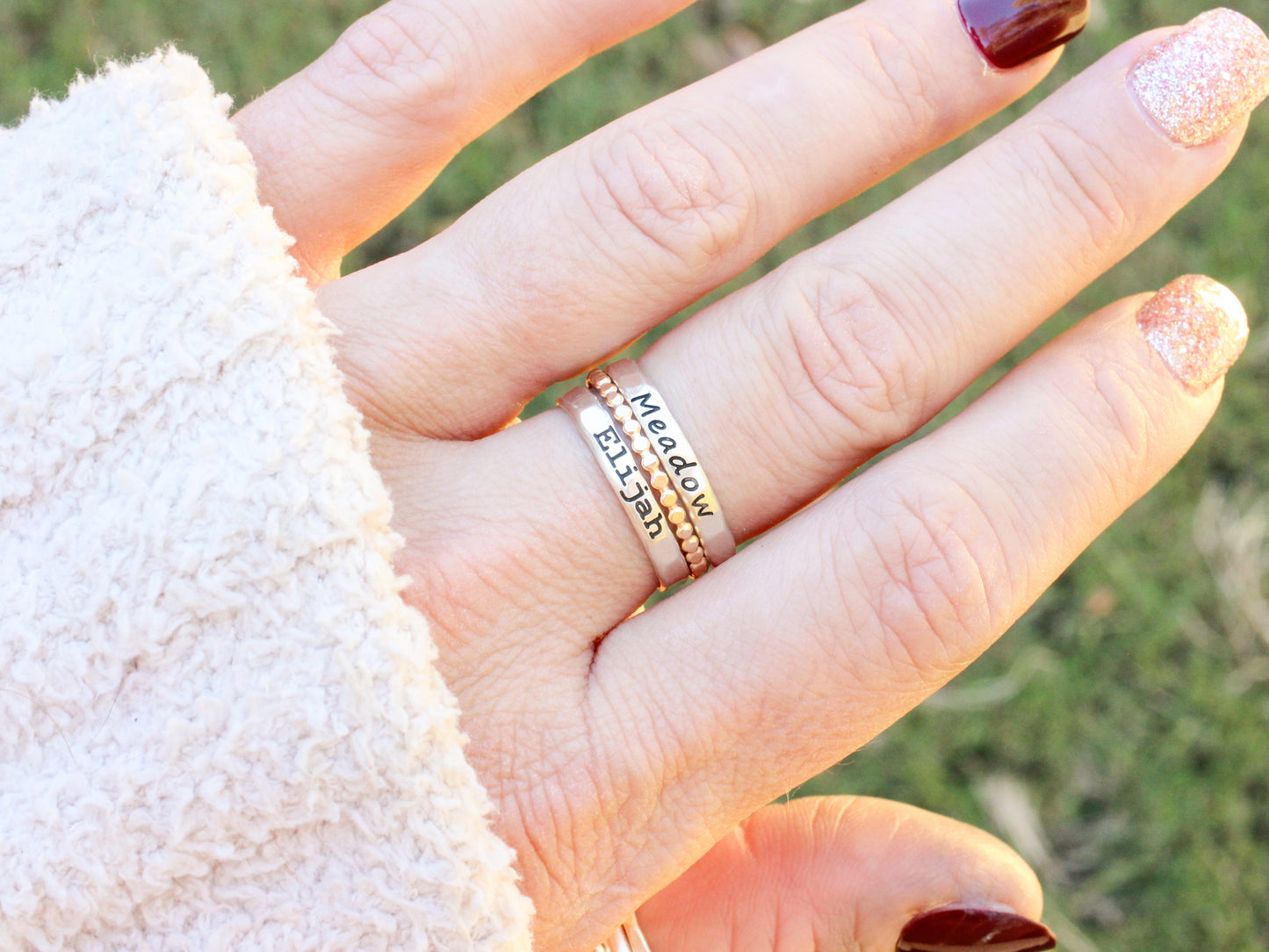 Sterling Silver Name Ring Set of 3 // 2 Name Rings and a Dot Spacer Ring