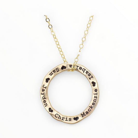 14K Gold Filled Hammered Circle Name Necklace | Custom Engraved Pendant Gift For Mom | Handmade Personalized Jewelry