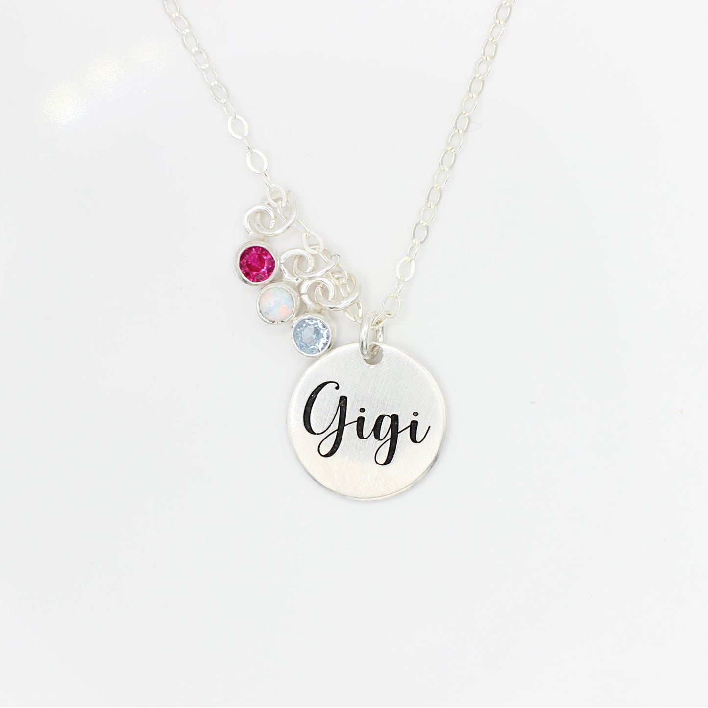 Engraved Disc Necklace with Birthstone Charms