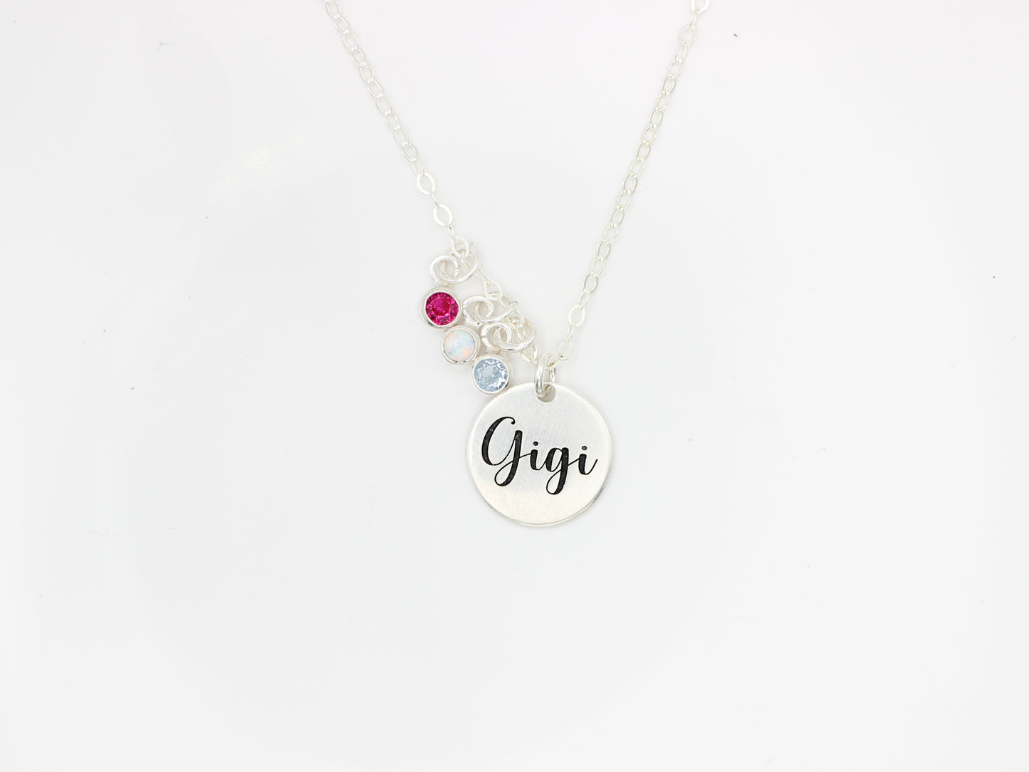 Engraved Disc Necklace with Birthstone Charms