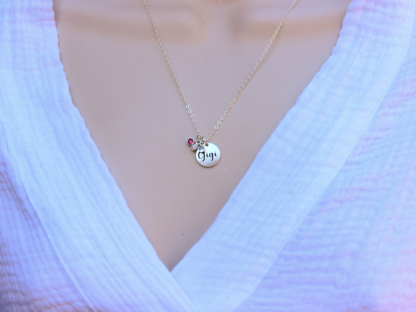 Engraved Disc Necklace with Birthstone Charms