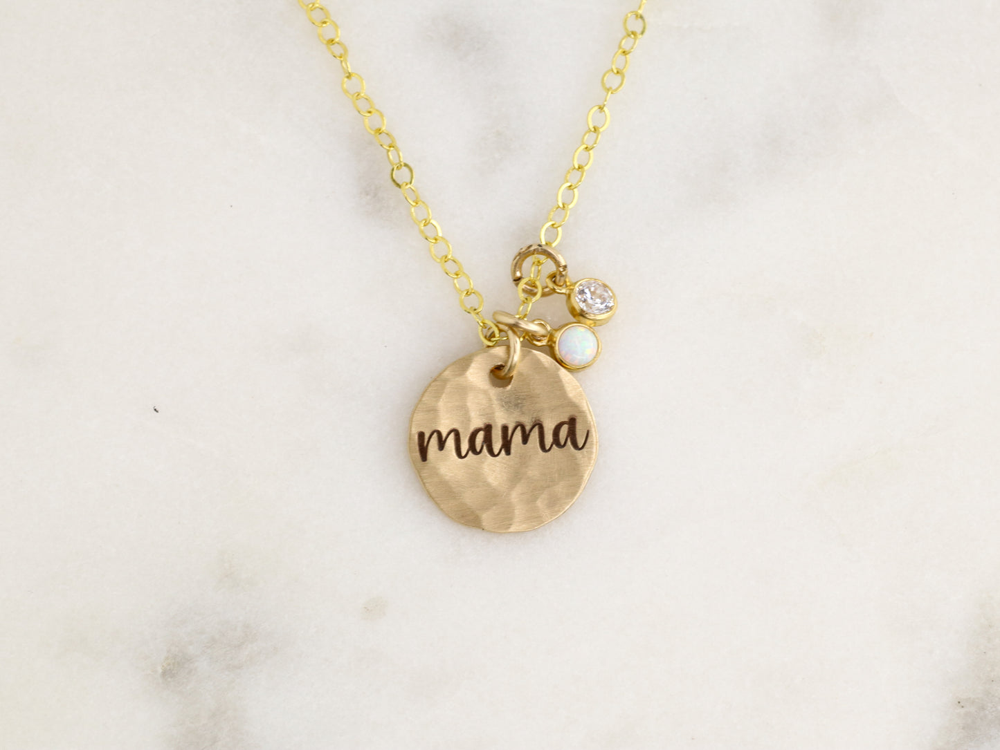 Engraved Hammered Disc Necklace with Birthstone Charms