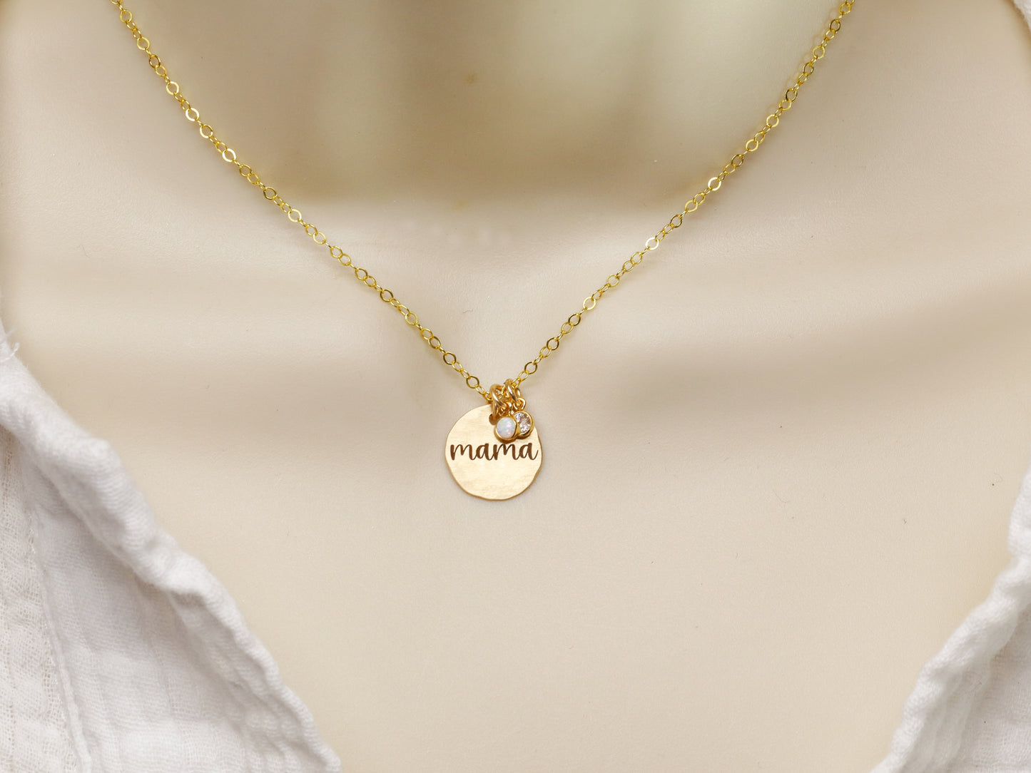 Engraved Hammered Disc Necklace with Birthstone Charms