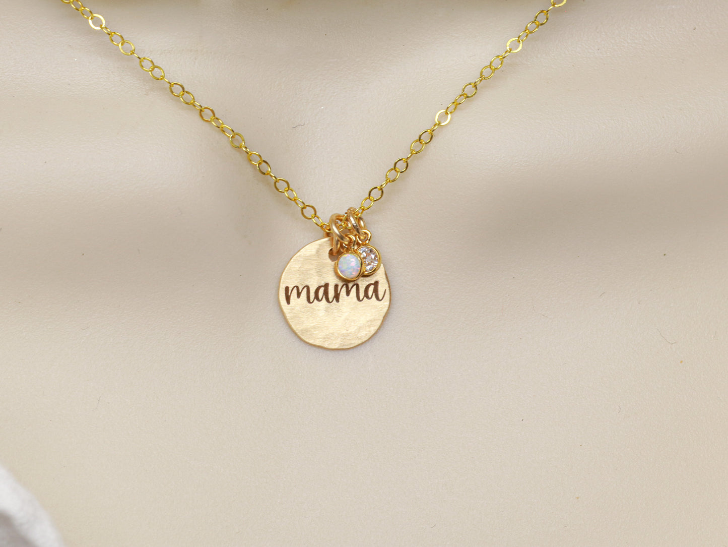 Engraved Hammered Disc Necklace with Birthstone Charms