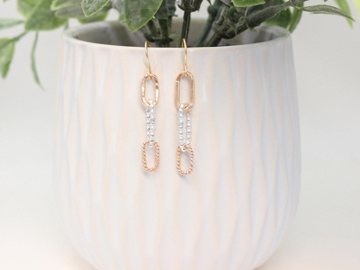Mixed Metal Dangle Earrings • Sterling Silver, Gold & Rose Gold Filled