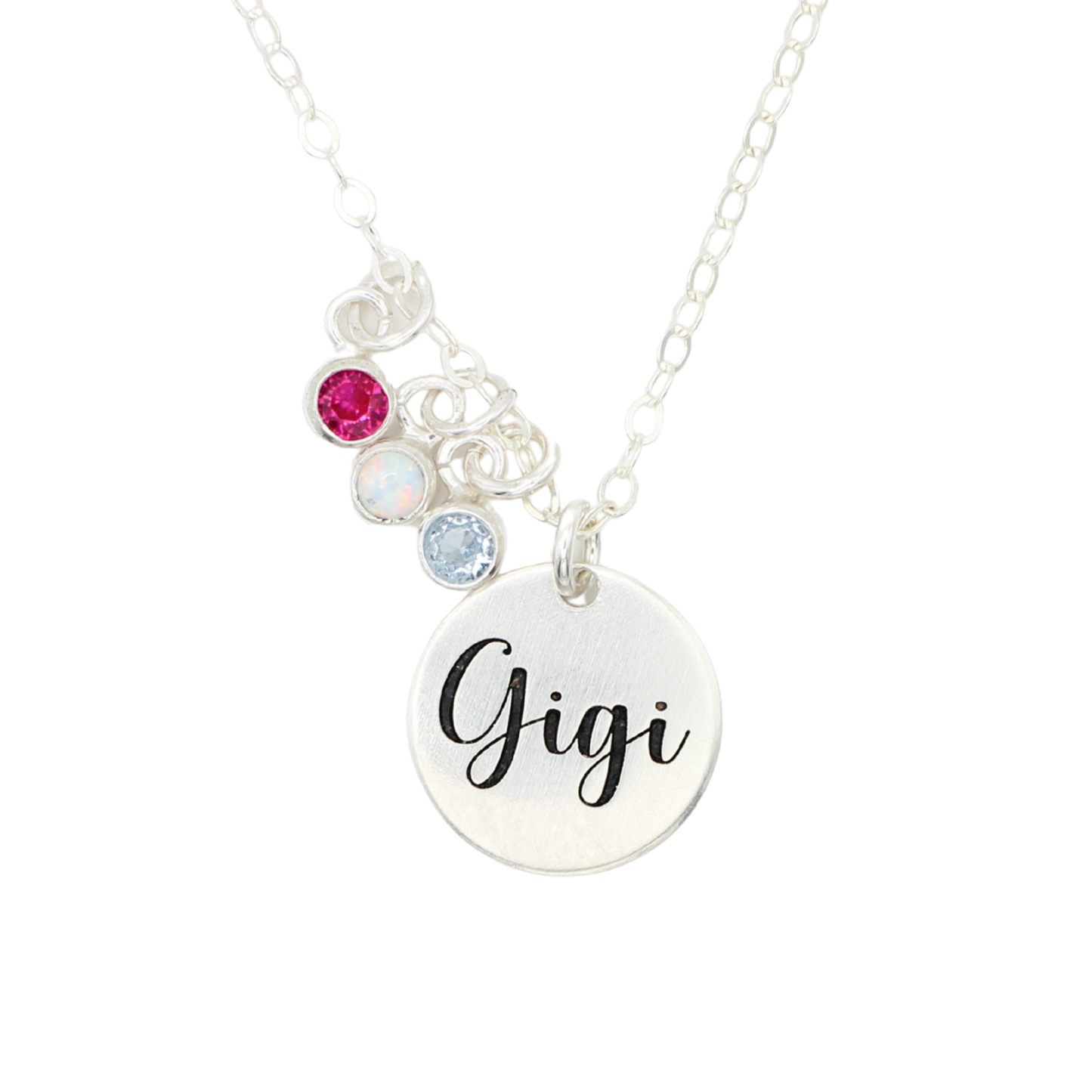 Engraved Disc Necklace with Birthstone Charms