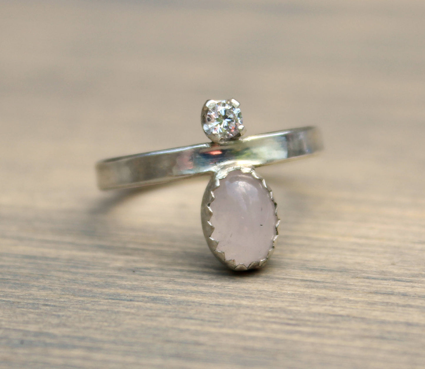Sterling Silver Rose Quartz and Diamond Ring // Dual Stone Ring // Sterling Silver Rose Quartz and CZ Ring // Two Stone Ring // Rose Quartz