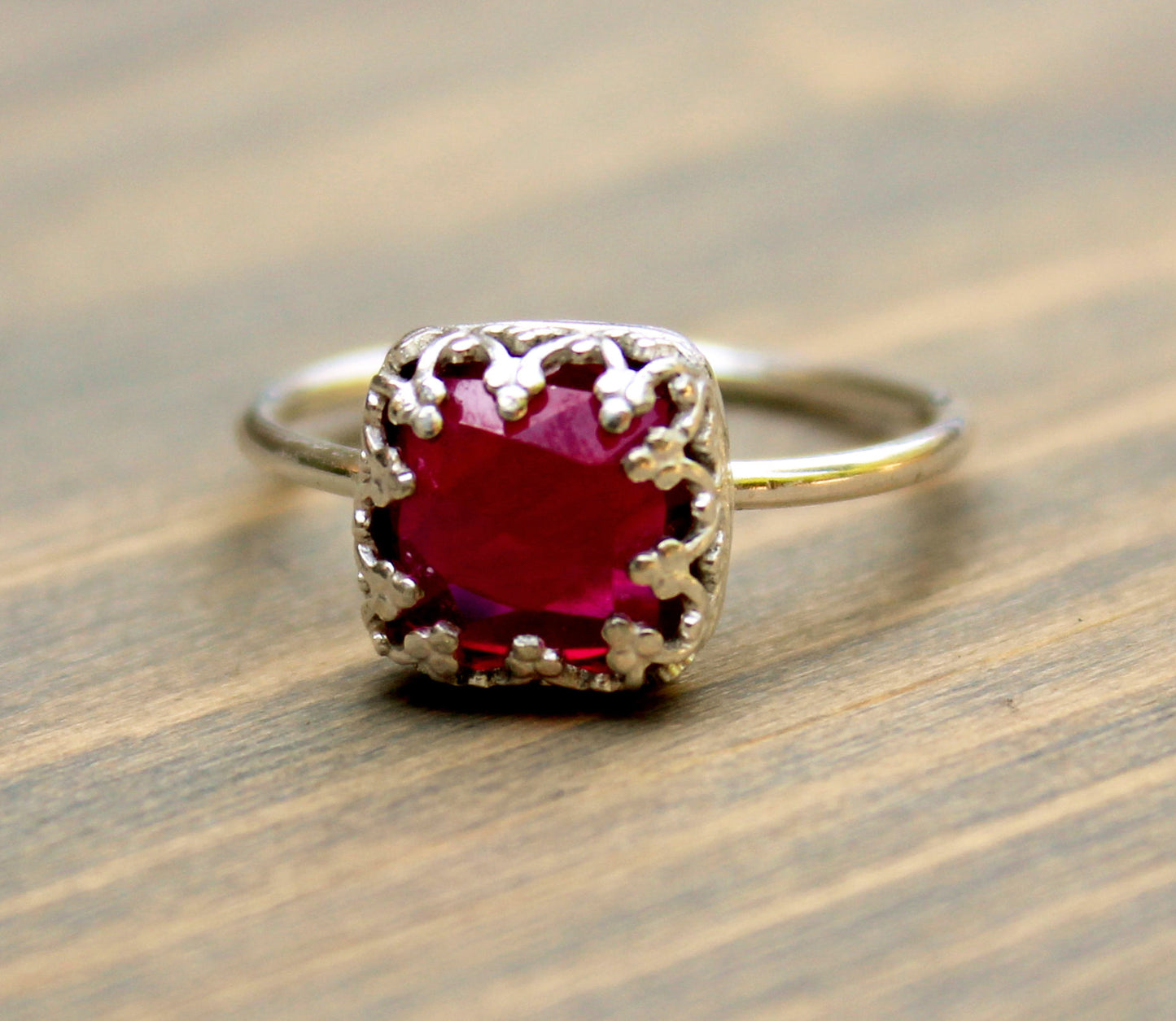Sterling Silver Ruby Ring // .925 Sterling Silver Rose Cut Ruby Ring  // Rose Cut Lab Created Ruby Engagement Ring // July Birthstone Ring