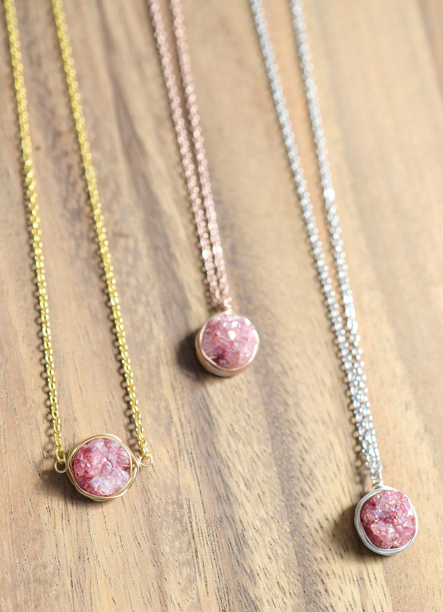 Wire Wrapped Pink Druzy Necklace // 16K Gold Plated, Silver, or Rose Gold Druzy Necklace // Natural Druzy Necklace // Gift for Her