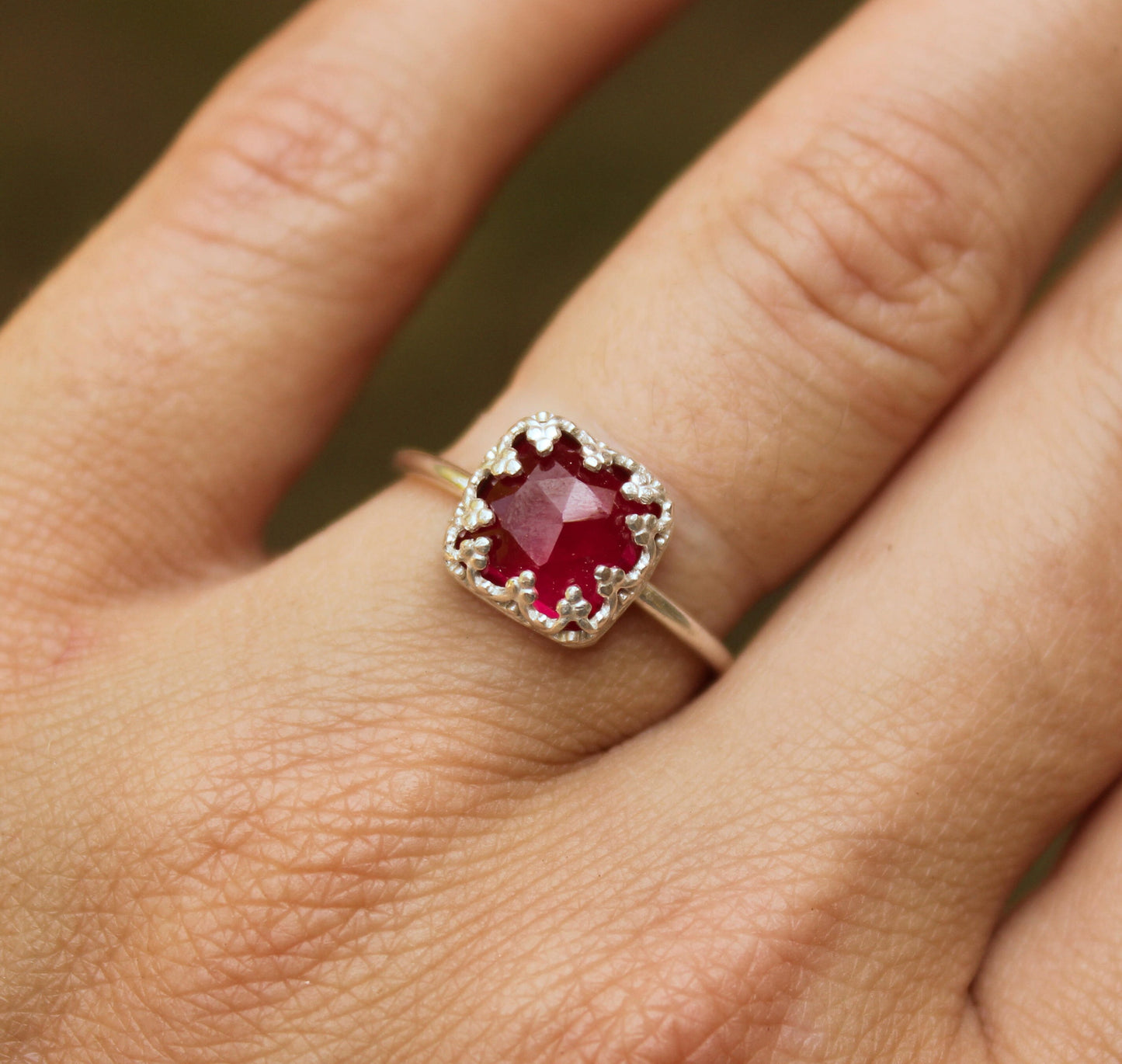 Sterling Silver Ruby Ring // .925 Sterling Silver Rose Cut Ruby Ring  // Rose Cut Lab Created Ruby Engagement Ring // July Birthstone Ring