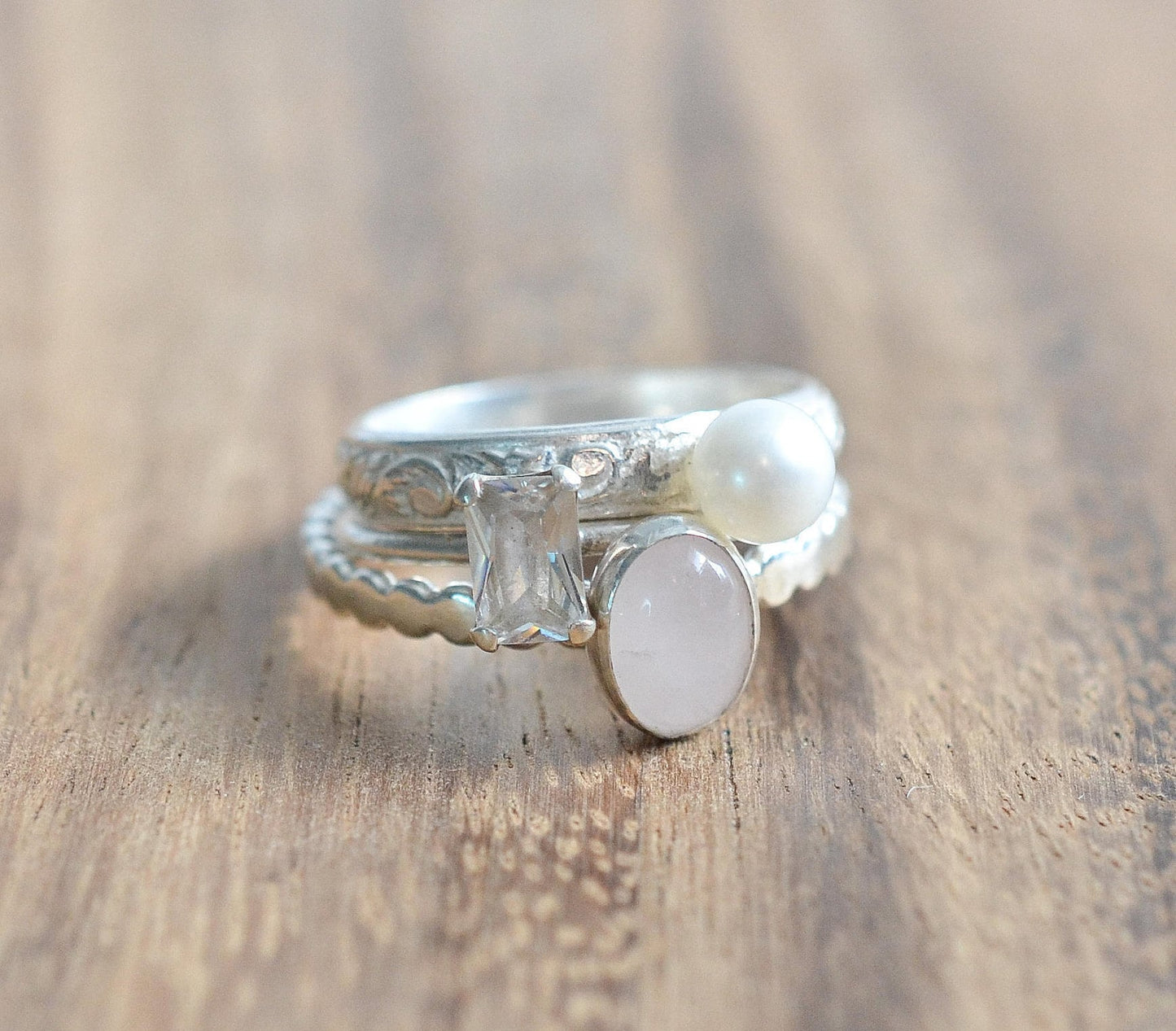 Ready to Ship Size 7 // Sterling Silver Stacking Ring Set // Rose Quartz, Pearl, and Emerald Cut CZ Ring Set // Freshwater Pearl Ring Set