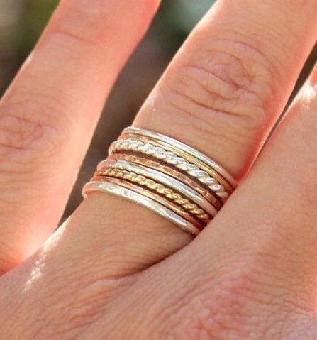 Set of 8 Tri Color Stacking Rings - Sterling Silver, 14K Rose Gold Filled, and 14K Gold Filled - Mixed Metals