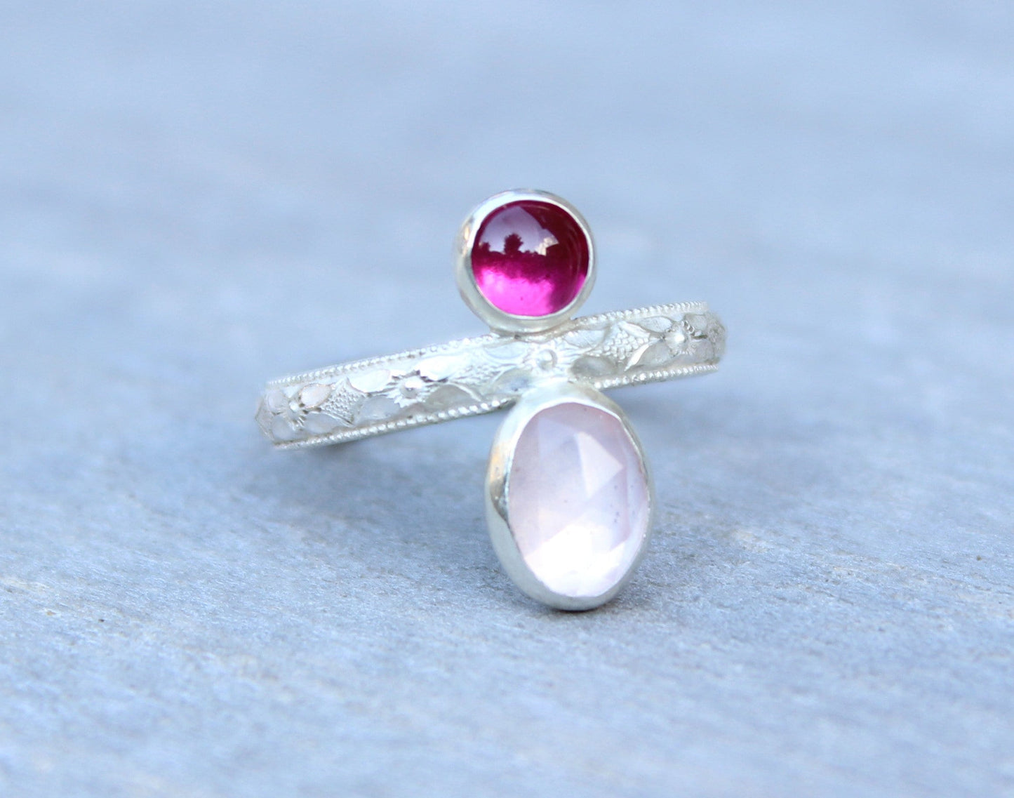 Rose Quartz and Ruby Ring // Sterling Silver Dual Stone Ring // Rose Cut Rose Quartz Ring // Gift for her // July Birthstone Gemstone Ring