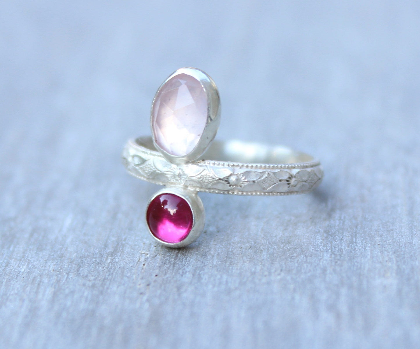 Rose Quartz and Ruby Ring // Sterling Silver Dual Stone Ring // Rose Cut Rose Quartz Ring // Gift for her // July Birthstone Gemstone Ring