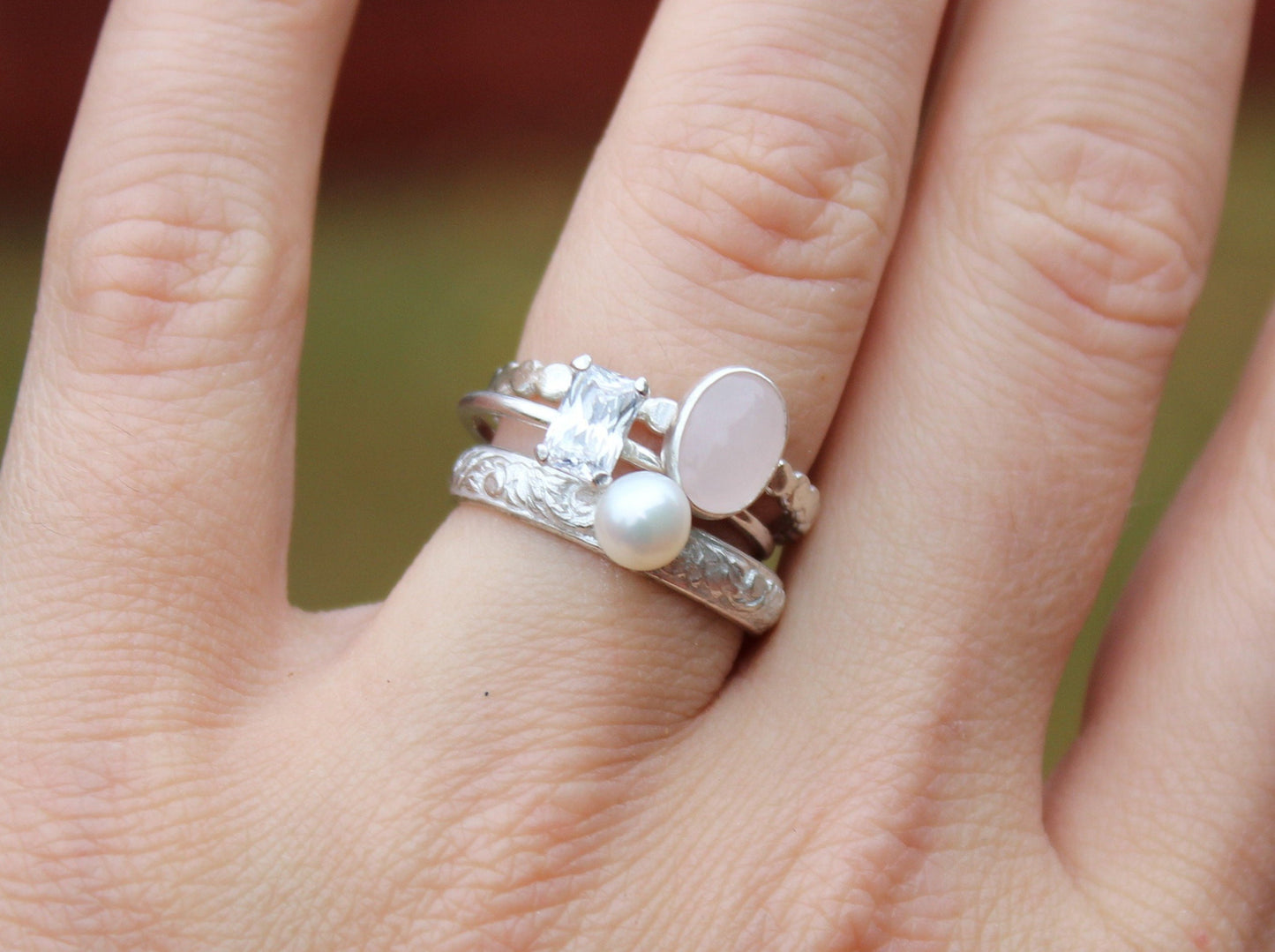 Sterling Silver Stacking Ring Set // Sterling Silver Rose Quartz, Pearl, and Emerald Cut CZ Ring Set // White Freshwater Pearl Ring Set