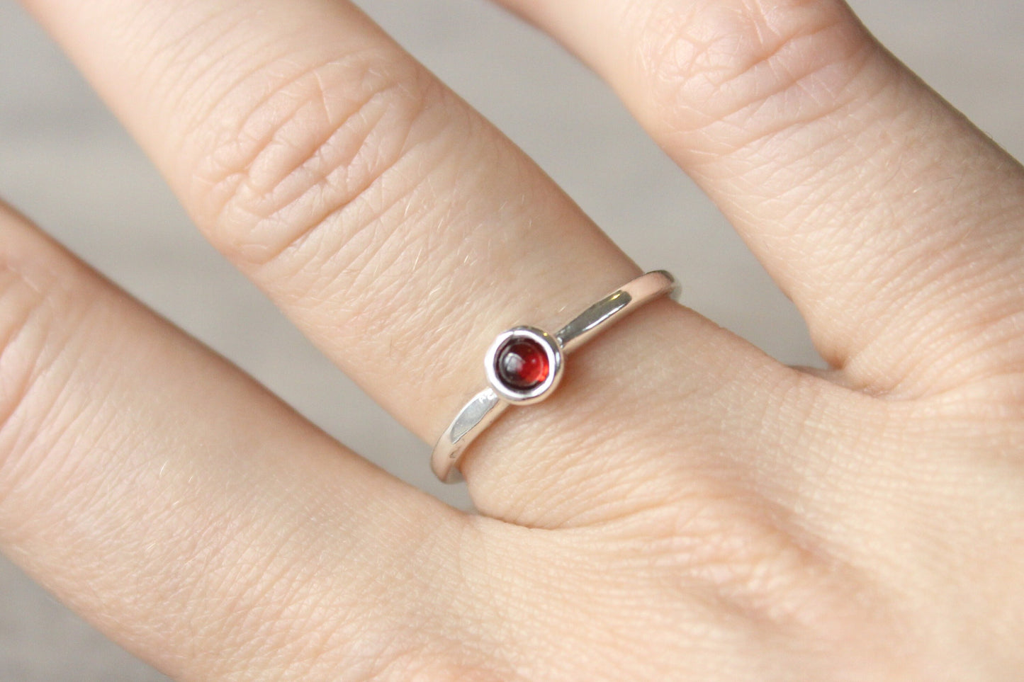 Sterling Silver Garnet Ring // Silver Genuine Garnet Cabochon Ring // January Birthstone Ring // Tiny Gemstone Ring // Red Stone Ring