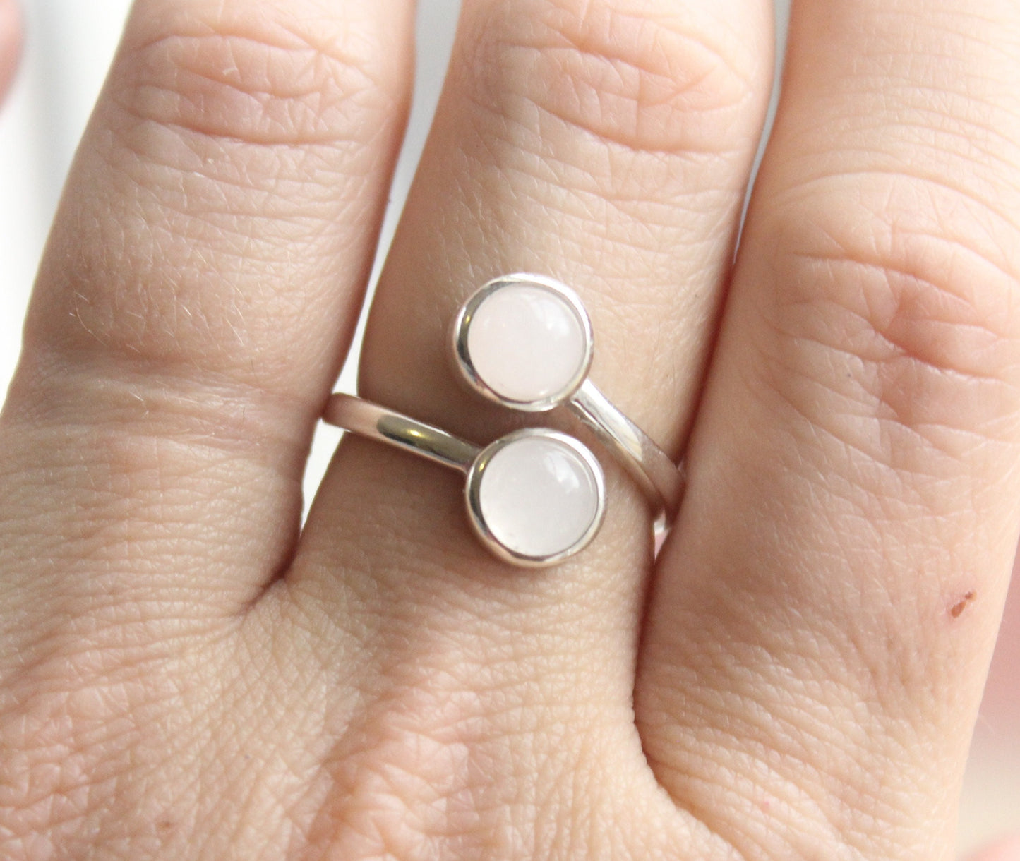 Silver Rose Quartz Ring // Dual Stone Ring // Rose Quartz Bypass Ring // Sterling Silver Dual Stone Ring // Double Pink Stone Ring