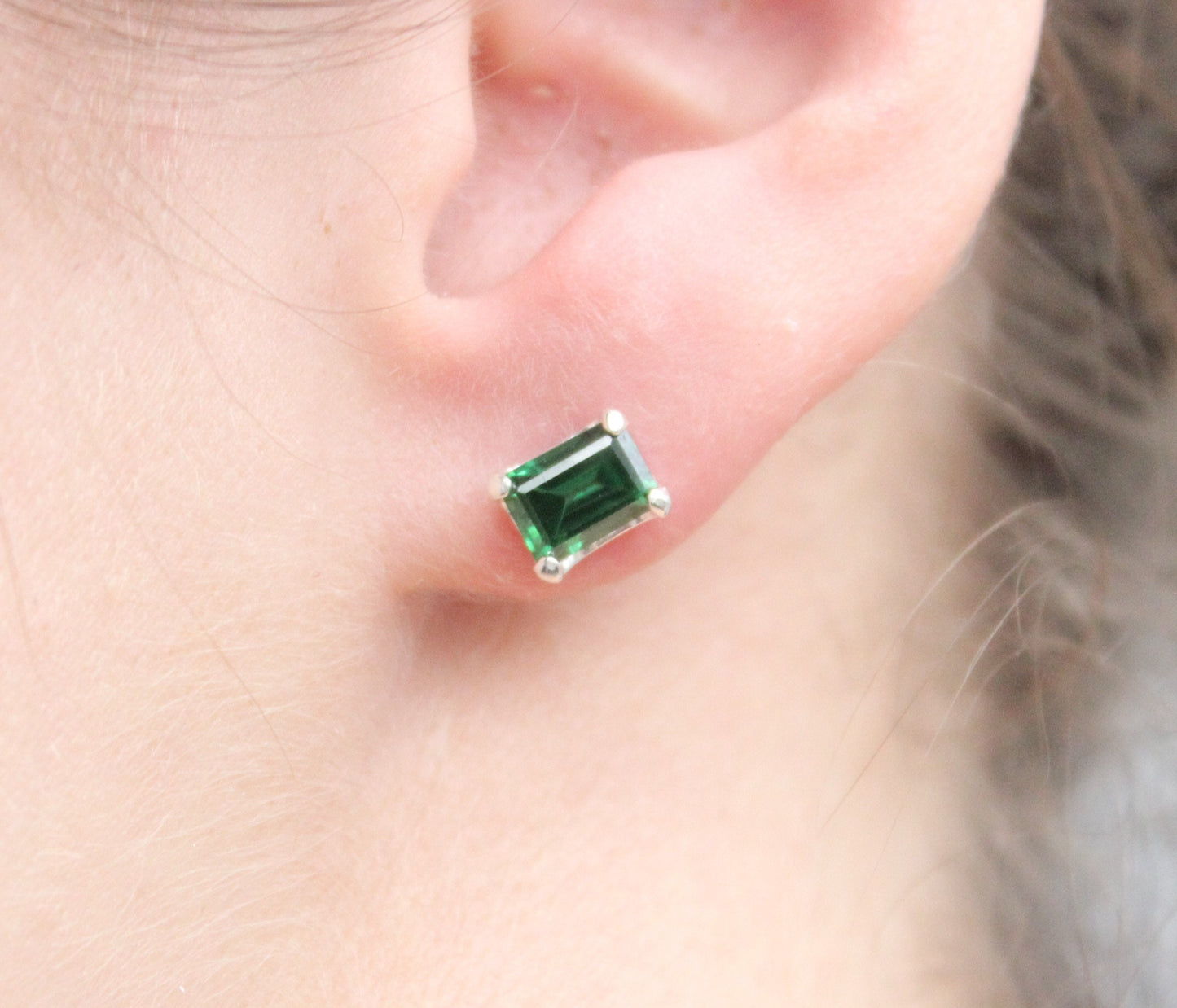 Emerald Cut Earrings // Sterling Silver Cubic Zirconia Stud Earrings // April Birthstone Bridal Earrings // Emerald Cut Studs