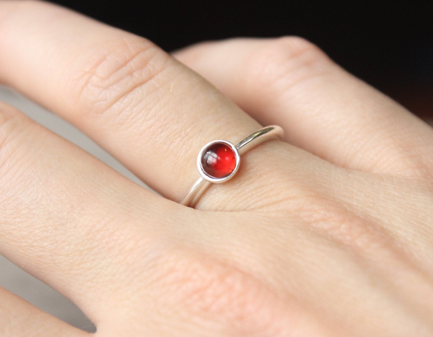 Sterling Silver Garnet Ring // Silver Genuine Garnet Cabochon Ring // January Birthstone Ring // 5mm Gemstone Ring // Red Stone Ring