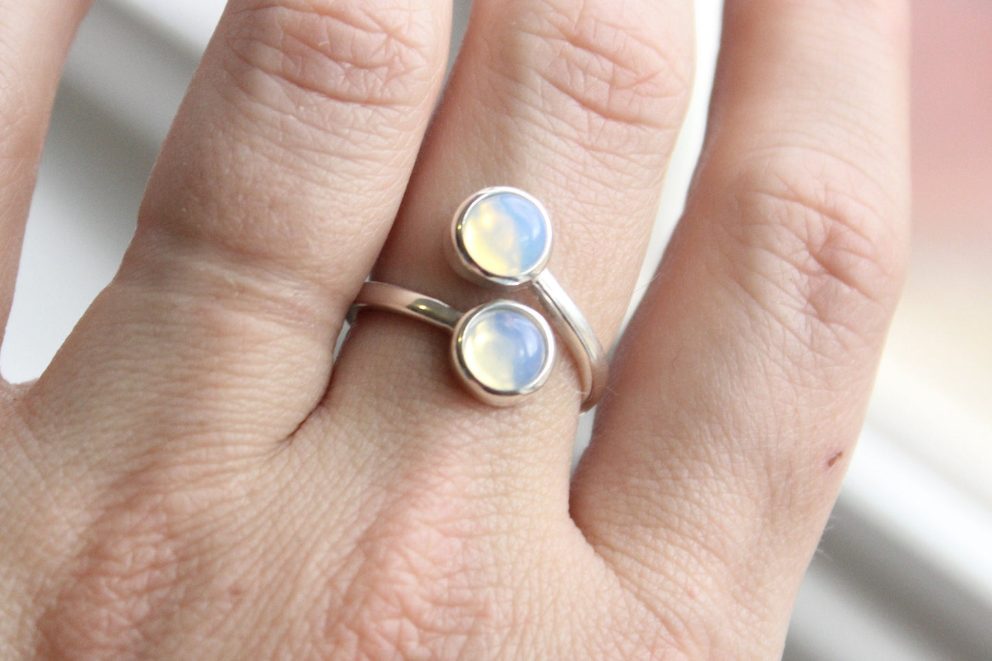 Silver Opal Ring // Dual Birthstone Ring // Opalite Bypass Ring // Sterling Silver Dual Stone Ring // Double Birthstone Ring