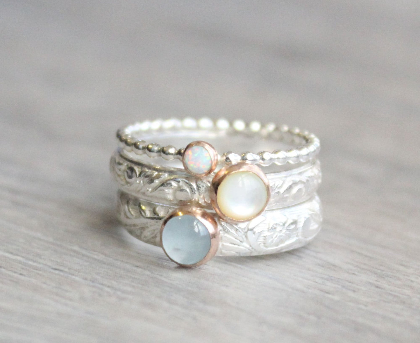 Gemstone Stacking Ring Set // Mother of Pearl Opal and Aquamarine Rings // Sterling Silver and Rose Gold Gemstone Rings // Mother's Ring Set