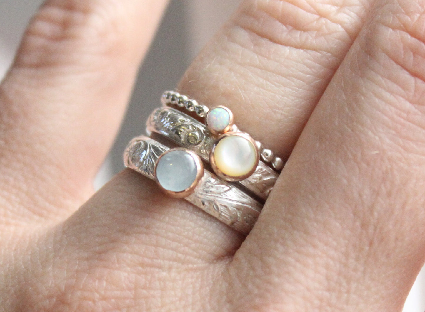Gemstone Stacking Ring Set // Mother of Pearl Opal and Aquamarine Rings // Sterling Silver and Rose Gold Gemstone Rings // Mother's Ring Set
