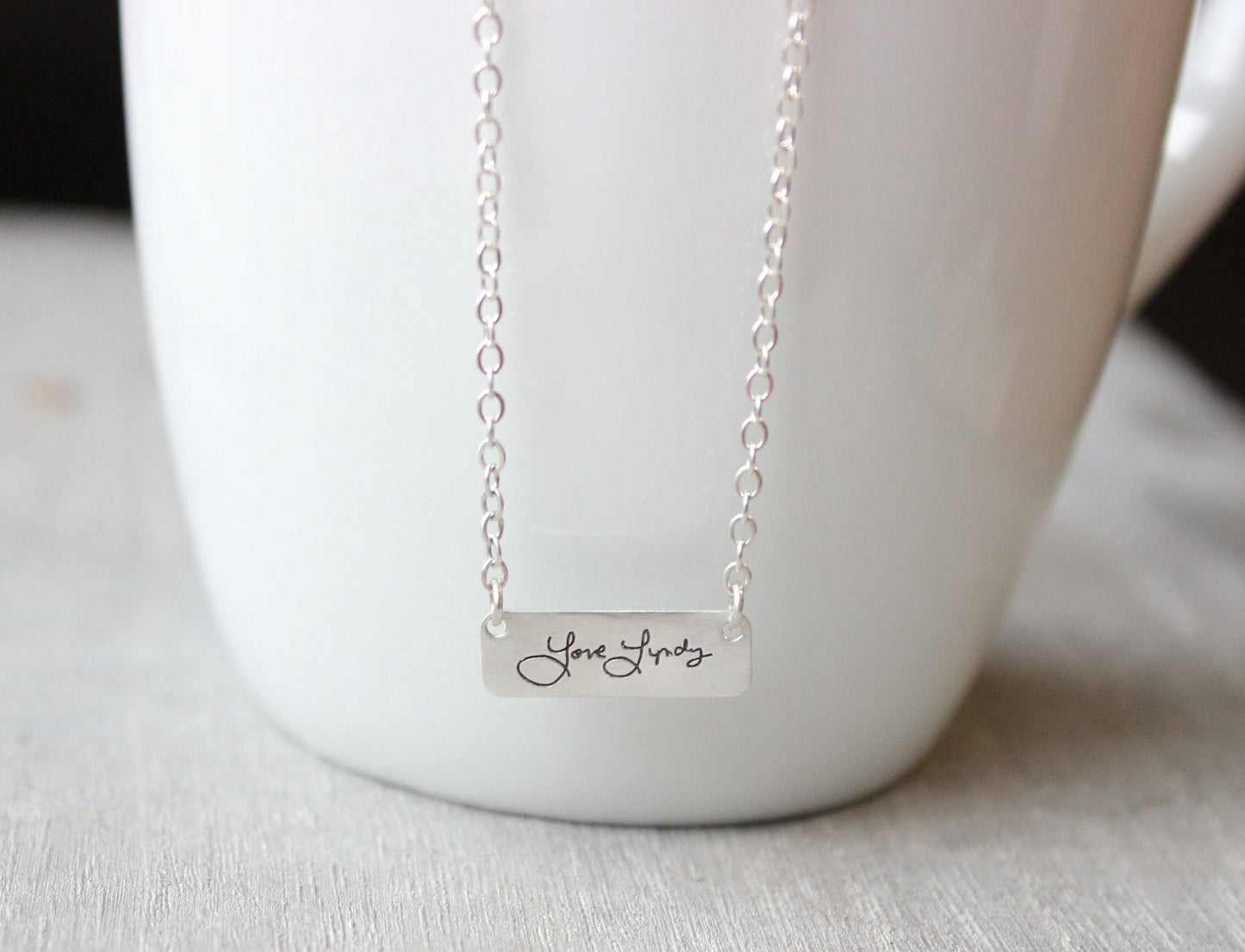 Handwriting Necklace // Sterling Silver Signature Necklace // Custom Engraved Actual Handwriting Bar Jewelry // Name Necklace