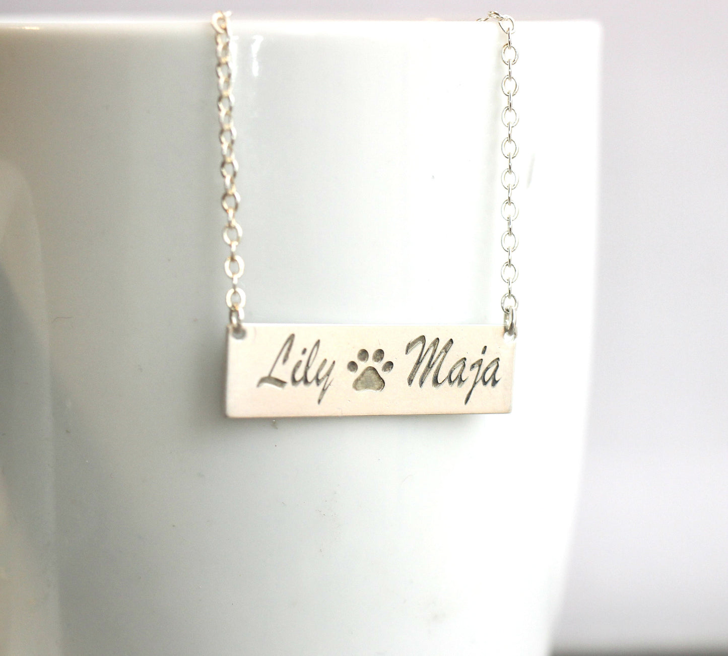 Pawprint Necklace // Sterling Silver Name Necklace // Custom Engraved Bar Jewelry // Pet Memorial Necklace // Gift for Her