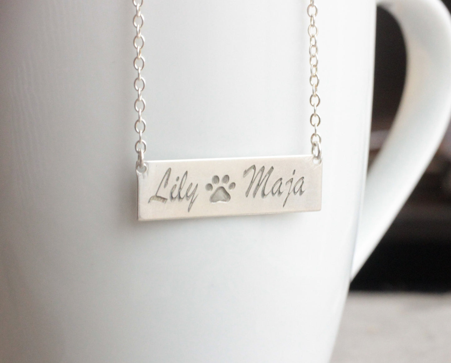 Pawprint Necklace // Sterling Silver Name Necklace // Custom Engraved Bar Jewelry // Pet Memorial Necklace // Gift for Her