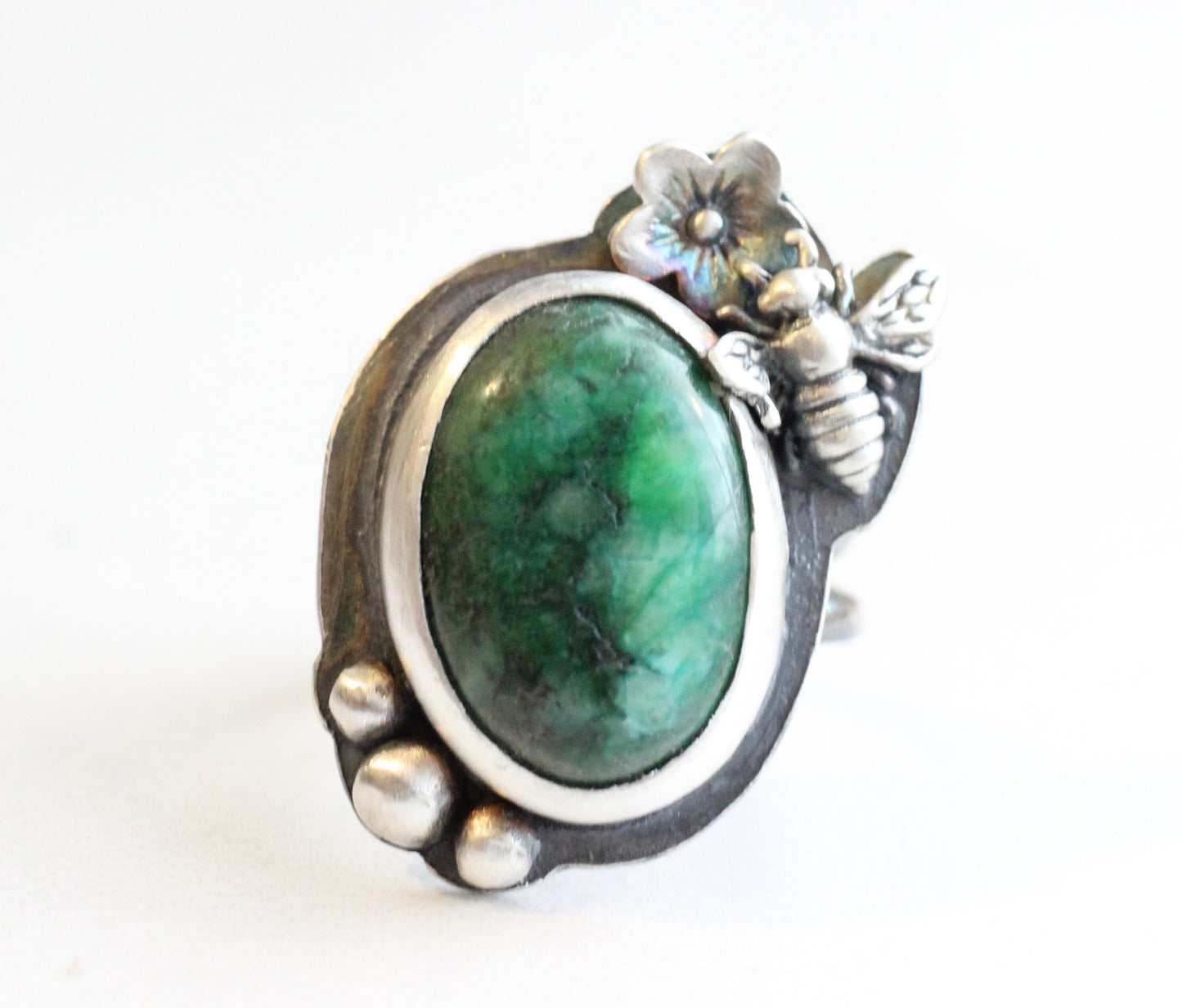 Jade Ring // Sterling Silver Green Jade Ring with Bumble Bee and Flower // Large Gemstone Ring