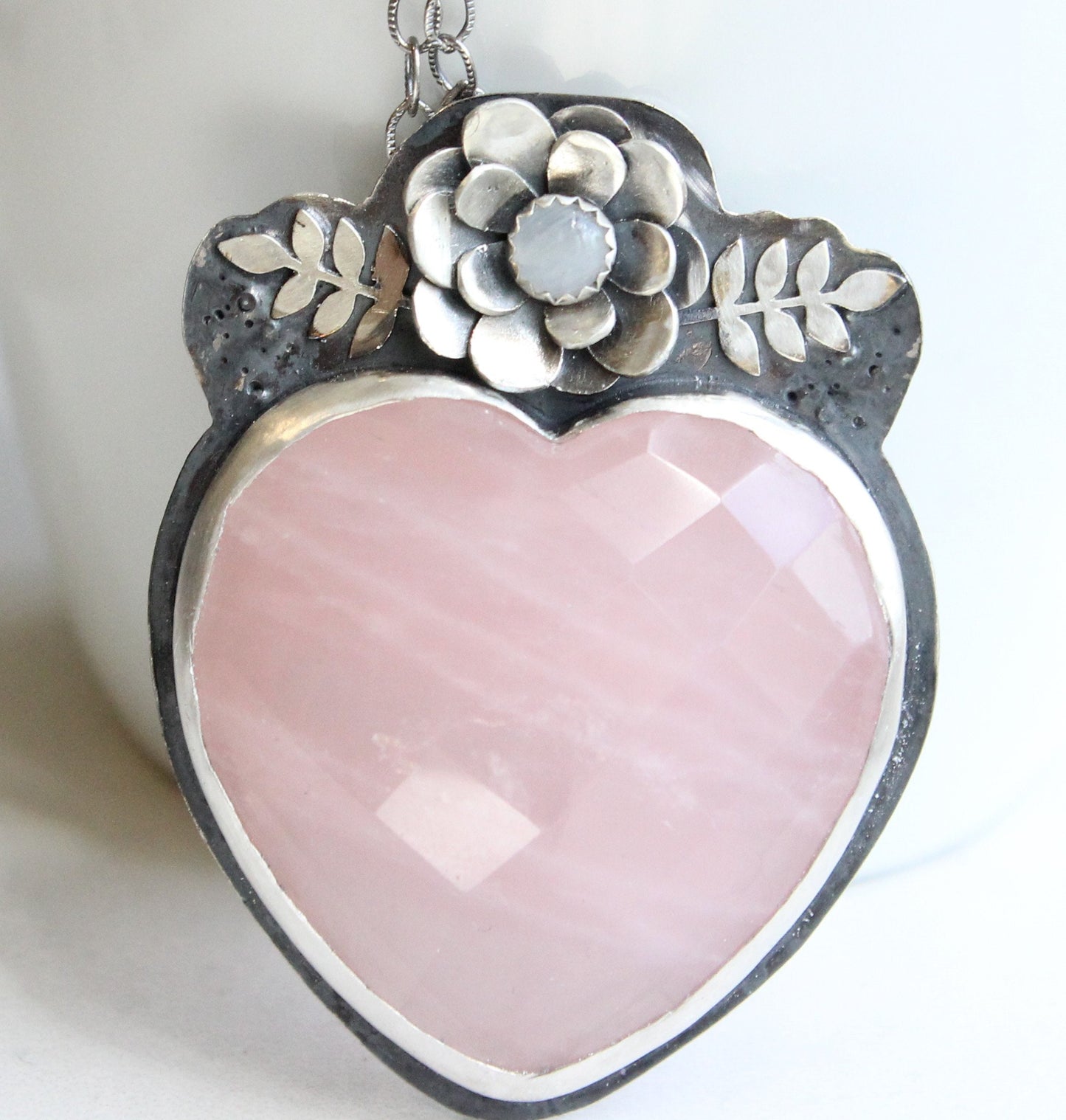 Rose Quartz Heart Necklace // Sterling Silver Faceted Rose Quartz Necklace with Moonstone Flower // Large Gemstone / Valentine's Day Gift