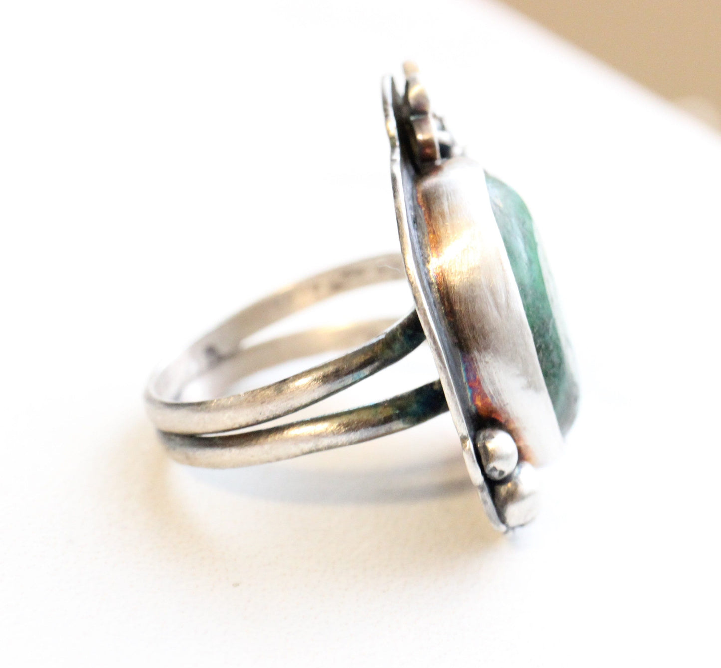 Jade Ring // Sterling Silver Green Jade Ring with Bumble Bee and Flower // Large Gemstone Ring