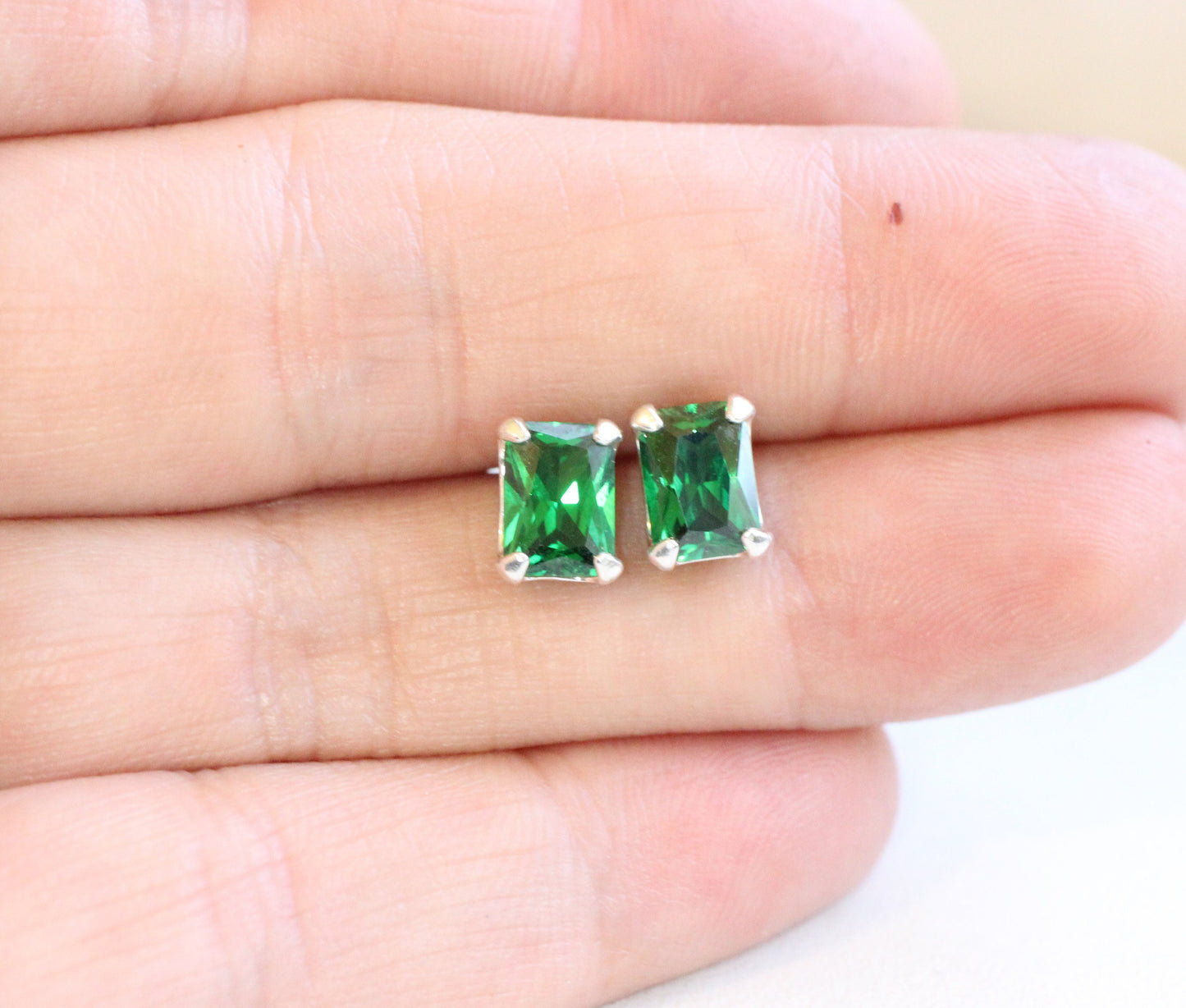 Emerald Cut Emerald Earrings // Sterling Silver Emerald Cubic Zirconia Stud Earrings // May Birthstone Stud Earrings // Emerald Cut Studs