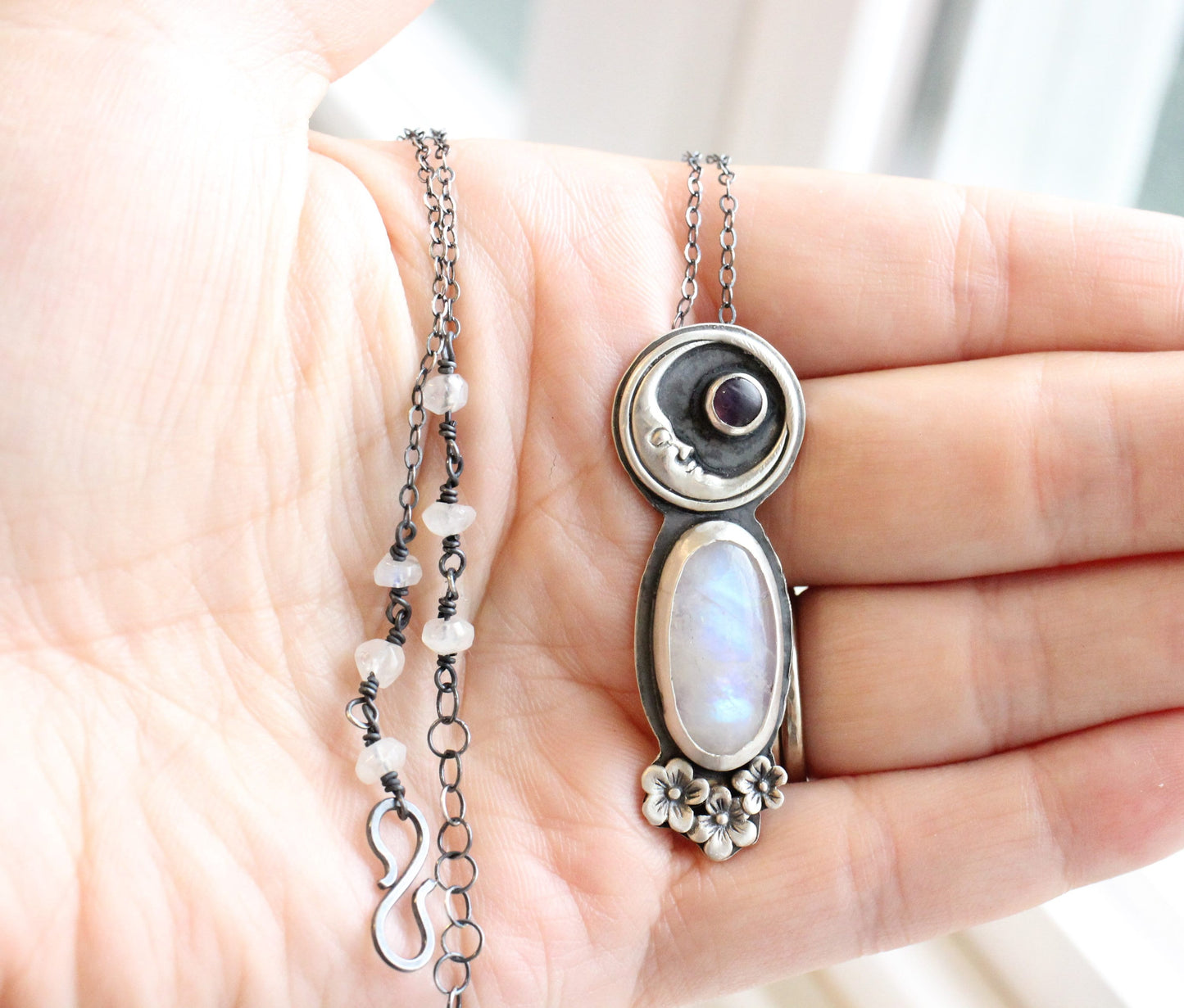 Moonstone Necklace // Sterling Silver Moonstone Flower Necklace with Amethyst Accent // Large Moonstone Pendant // Valentine's Day Gift