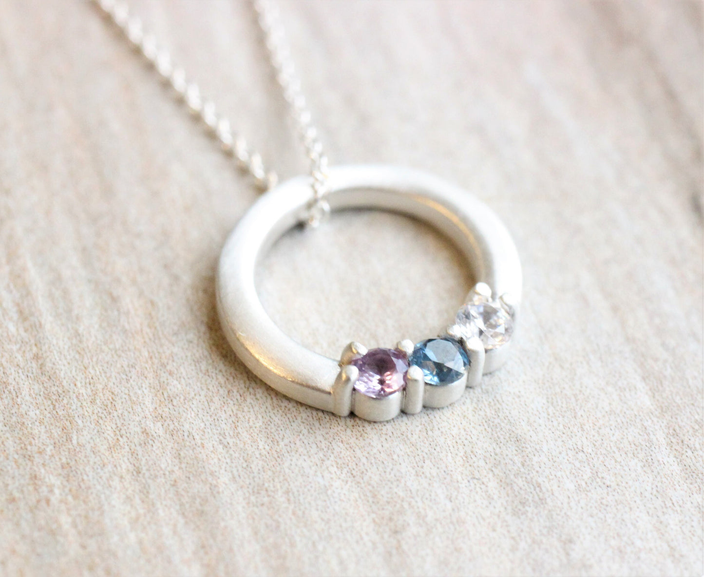 Family Birthstone Necklace // Satin Finish Sterling Silver or Solid Gold Circle Gemstone Personalized Necklace // Custom Pendant Mother's