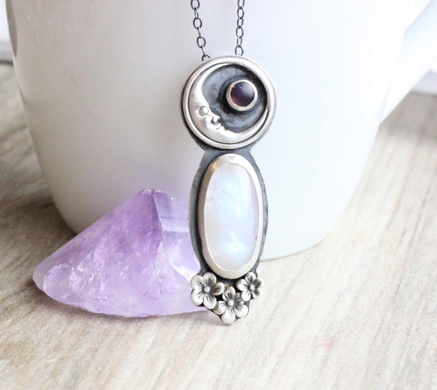 Moonstone Necklace // Sterling Silver Moonstone Flower Necklace with Amethyst Accent // Large Moonstone Pendant // Valentine's Day Gift