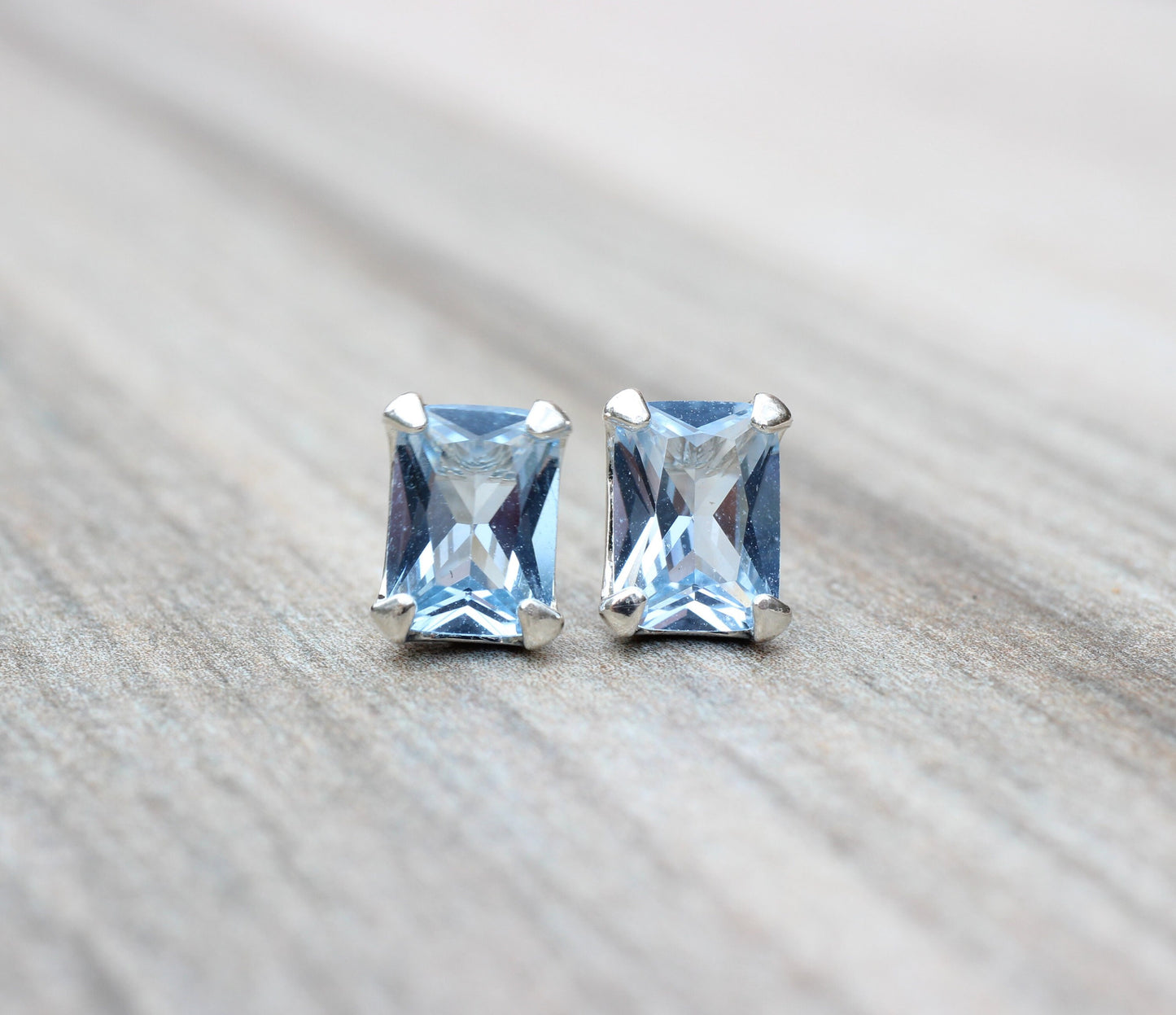 Emerald Cut Aquamarine Earrings // Sterling Silver Aquamarine Cubic Zirconia Stud Earrings // March Birthstone Earrings // Aquamarine Studs