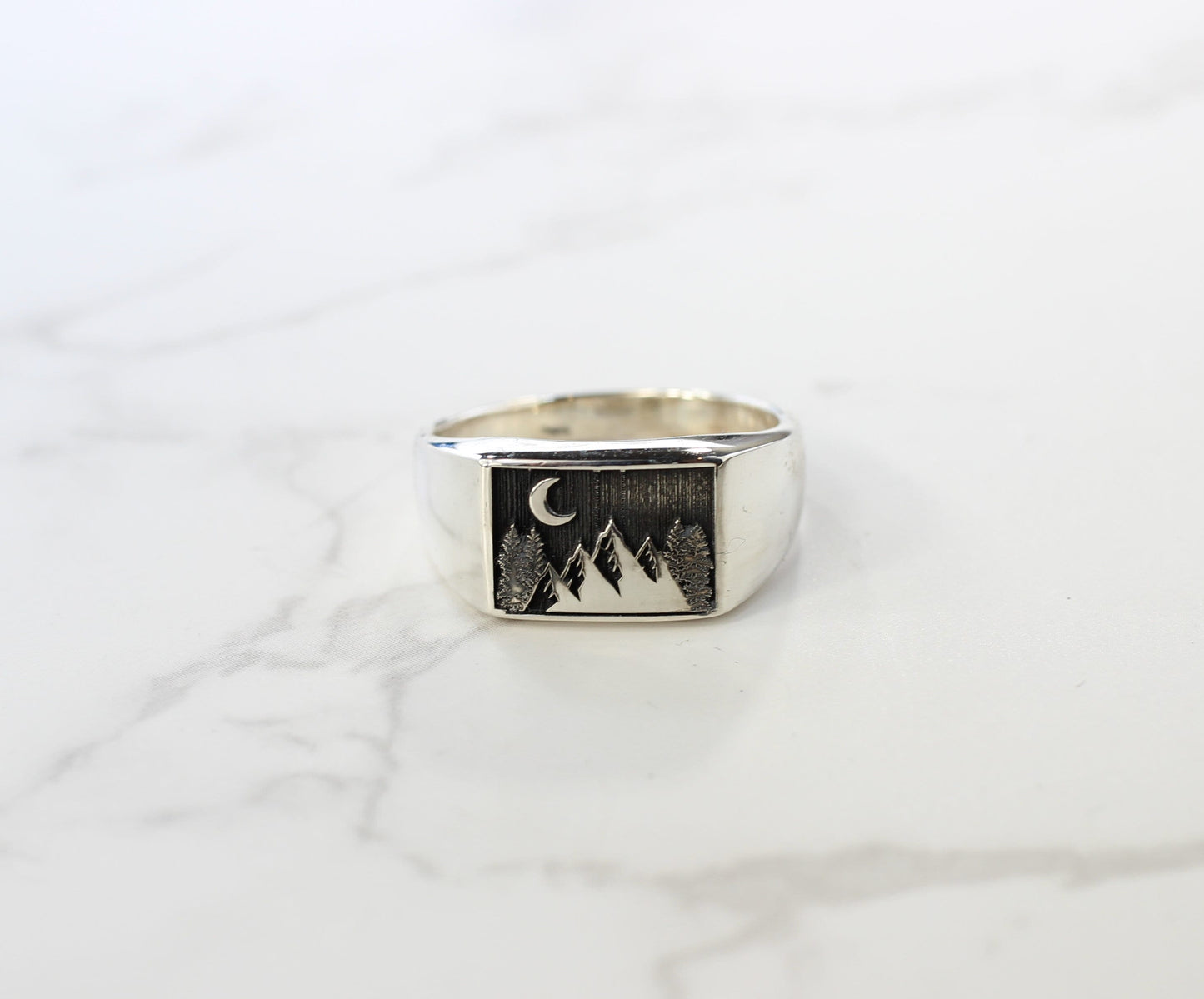 Sterling Silver Mountain Ring // Large Ring with Engraved Mountains and Crescent Moon // Men's Ring